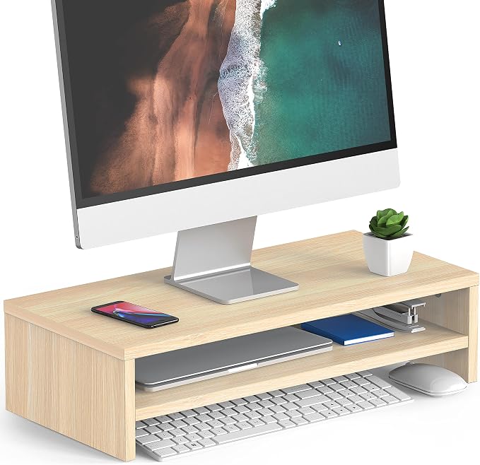 FITUEYES Wooden Monitor Stand Riser, 2-Tier Desk Storage Shelf, Oak | 21.3-Inch Desktop Organizer Fits Laptop, Computer Screen and Office Supplies