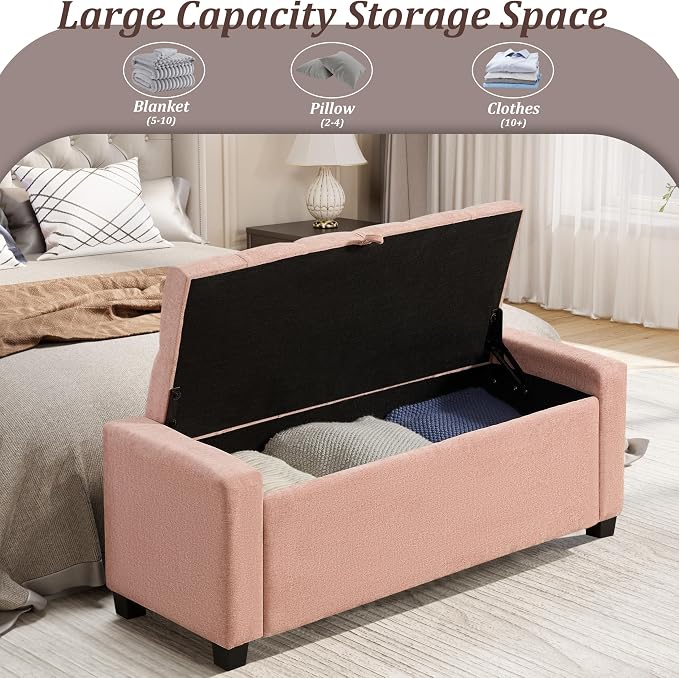 Royal Windsor Ottoman with Storage,Tufted Storage Bench with Safety Hinge,Holds up to 350 lb,Upholstered Bench with Seating for Bedroom, Living Room,Entryway,Pink