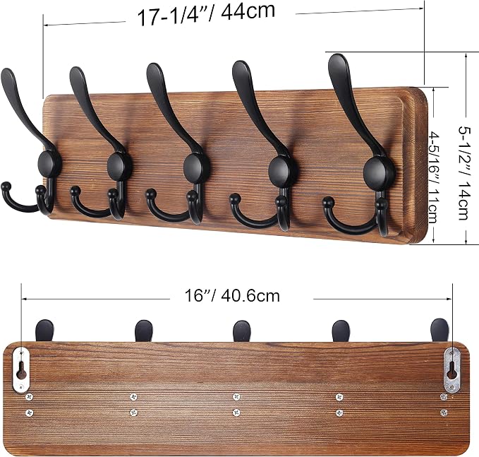 SKOLOO Rustic Coat Rack Wall Mount, 16" Stud Spacing, Solid Wood, Brown | Farmhouse style, 5 Triple Hooks, 100lbs capacity, for backpack jacket coat hat, wall mount, hardware included,rustproof hooks