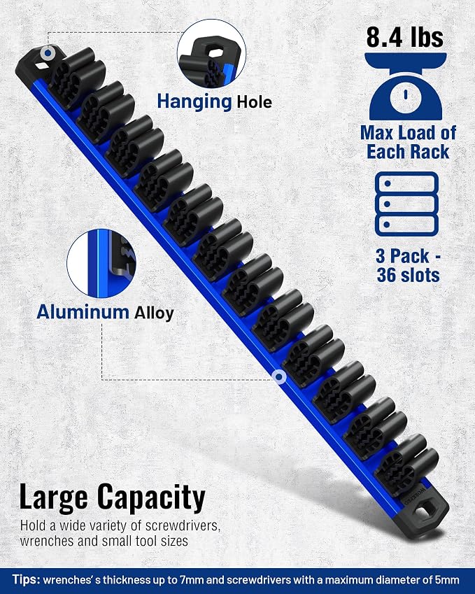 WORKPRO Magnetic Screwdriver and Wrench Organizer Set, 36-Slot Tool Holders | 3-Pack Aluminum Rails, Magnetic Force, Flexible High-Tension Tool Clips, For Tool Box Drawer & Wall-Mount Storage