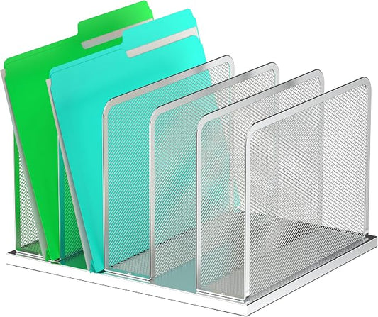 Kuntine.B Desk File Organizer Upright Mesh Desktop Organizer File Sorter Office Organization File Holder for Home, Office & Classroom (Silver, 1 Pack 5-Section) | Vertical, Mesh, Metal, Assembly, Stability, Sturdiness, Organization, Standing