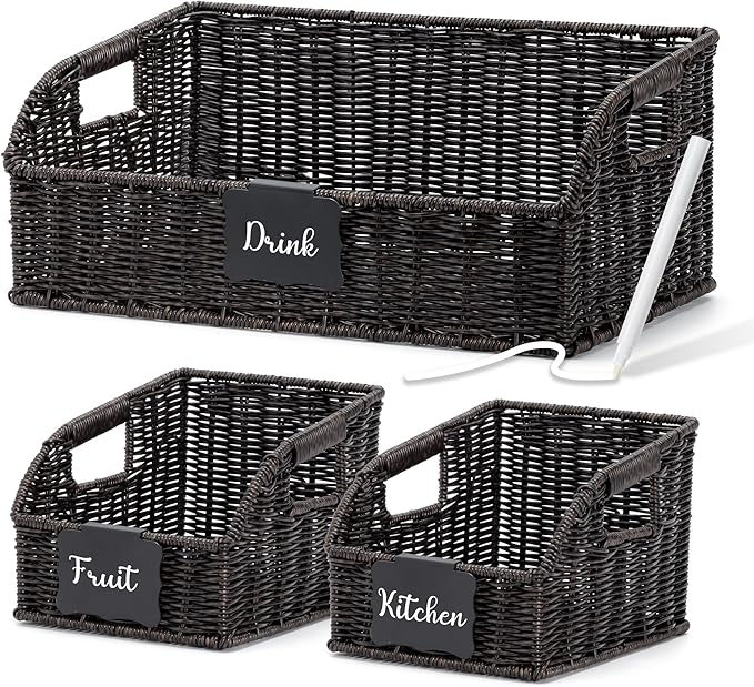 Pantry Organizers, Handwoven Large Wicker Baskets for Shelves, Labeled Storage Baskets for Organizing with Handles - Waterproof Plastic Storage Bins, Boho Decorative, 3Pack, Black