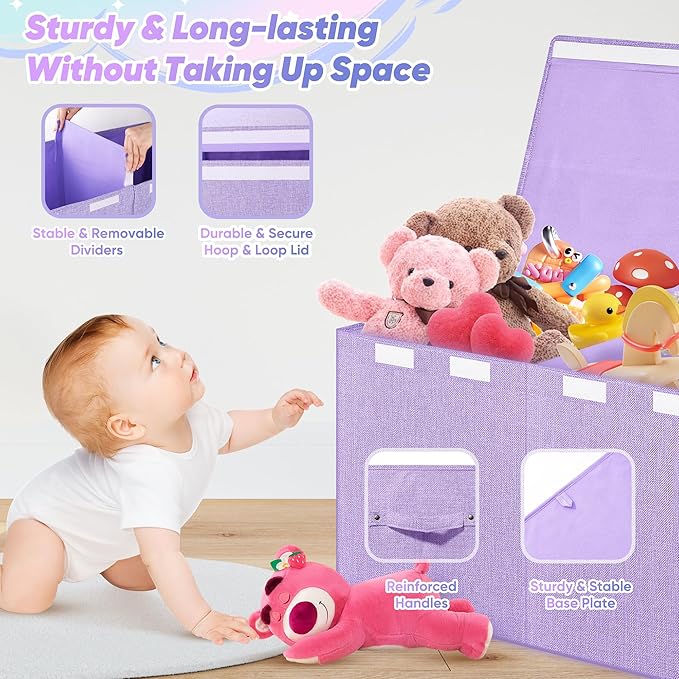 Extra Large Toy Box, Collapsible Toy Storage Organizer, 40"x16"x16", Purple | Sturdy Kids Toys Bin Chest with 2 Pockets and Dividers for Boys Girls, Dust-Proof, Nursery Bedroom Organization