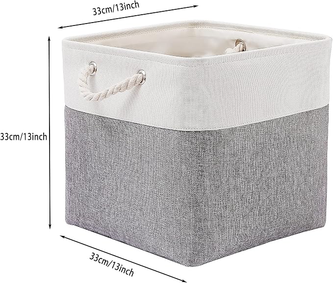 MidmmVick 13 x 13 Inch Cube Storage Bins, 4 Pack Large Collapsible Fabric Storage Bin with Ropes, Foldable Storage Cubes for Home, Office,Closet, Clothes, Toys Organizer (White & Grey)