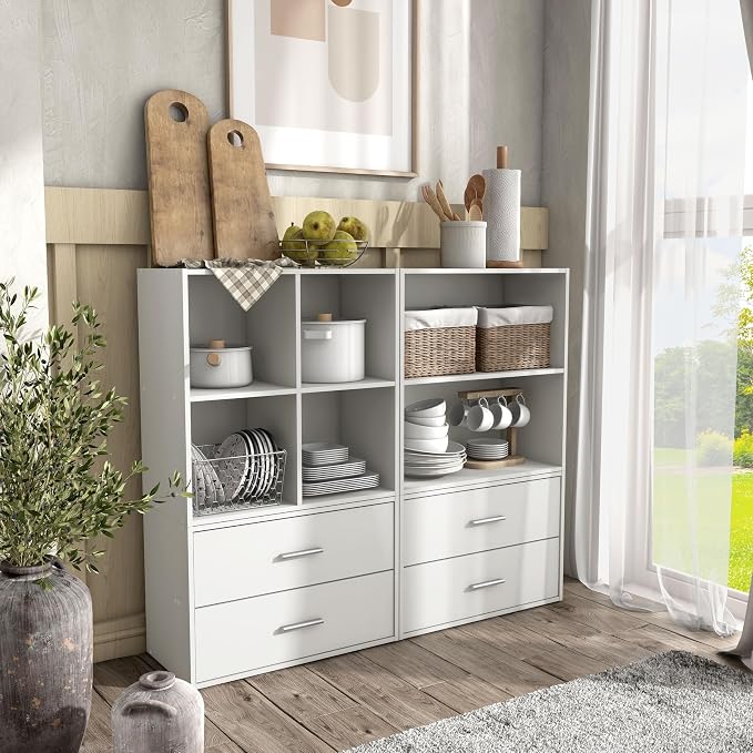 Homes: Inside + Out Apexa 4-Cube Storage Organizer Shelves, Stackable Wood Bookcase Fits Cubby Bins for Organization, Dorm Teen Room Decor & Home Office, White