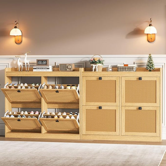 Garvee Shoe Storage Cabinet with 4 Deep Flip Drawers, Wood Shoe Cabinet with Rattan Doors and Adjustable Shelves- Freestanding Shoe Organizer for Entryway, Hallway (Oak, 4 Drawers- 2PCS)