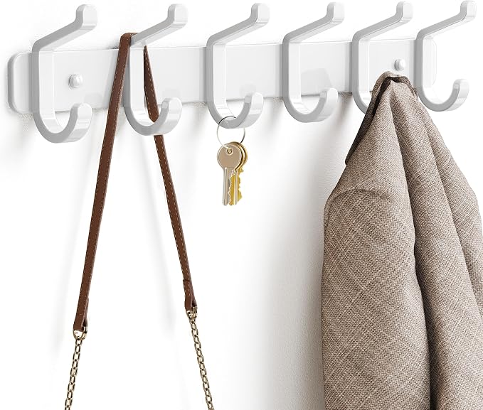 pickpiff Coat Rack Wall Mounted Heavy-Duty: Metal Coat Hanger 6 Hooks for Hanging Hat, Clothes, Robe, Keys, Backpack, Bathroom Towels, Jacket, Purse - Closet, Door, Entryway, Mudroom (White, 2 Pack)
