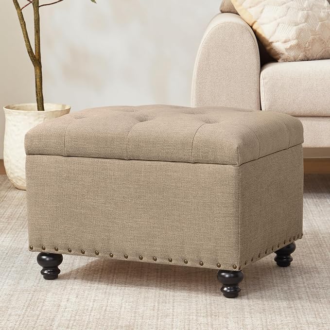 Zihanhome Small Ottoman with Storage, Upholstered Button Tufted Ottoman Foot Rest, Foot Stools, 24" Rectangle Bench with Storage for Living Room, Bedroom, Dorms and Apartments (Brown)