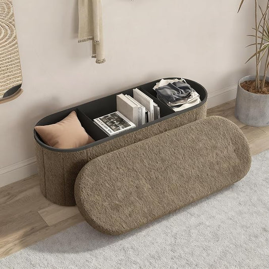 GLAXYFUR Oval Ottoman with Storage for Living Room, Sherpa Bench, Brown | 43.3 Inches Folding Chest, Foot Rest, End of Bed Bench for Bedroom, Hallway