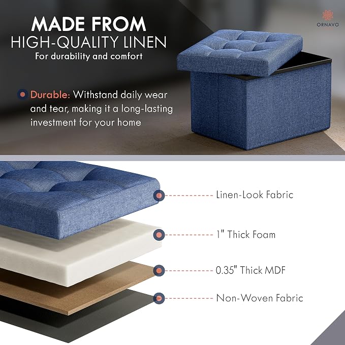 Ornavo Home Small Rectangle Storage Ottoman, Foldable Linen, 12x16x12, Navy | Collapsible Cube Design; Foot Rest Stool Seat; Ideal for Living Room, Bedroom, Home Office or Dorm