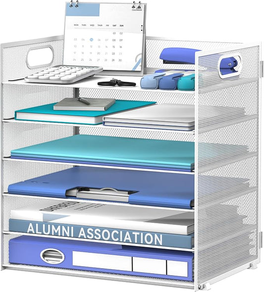 Daltack 6-Tier Paper Organizer for Desk with Handle, White | Sturdy Metal Mesh Organizer with Movable Middle Trays and a Carry Handle for Papers, Folders and Office Supplies