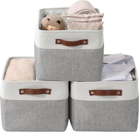 DECOMOMO Storage Bins, Extra Large Fabric Storage Baskets for Shelves 3Pack | 15.8 x 12.5 x 10 inches Decorative Linen Closet Organizers (Grey & White)