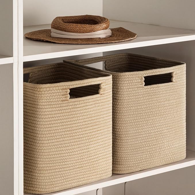 UBBCARE Set of 4 Storage Basket-13 X 13 X 13 In, Cotton Rope Basket for Shelves, Toys, Book, Cube Storage Bins with Handles, Woven Storage Basket for Organizing, Brown