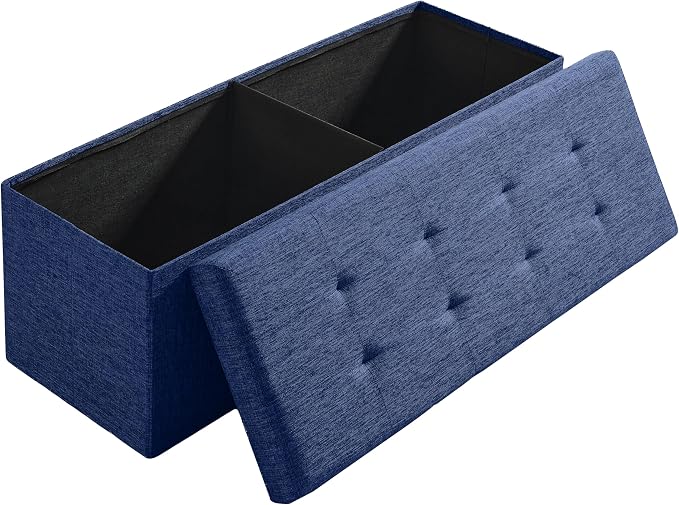 Ornavo Home 43 Inch Folding Extra Large Storage Bench, Linen, Navy Blue | Upholstered Tufted Ottoman with Lid; Foot Rest Stool; Ideal for Bedroom, Living Room or Entryway