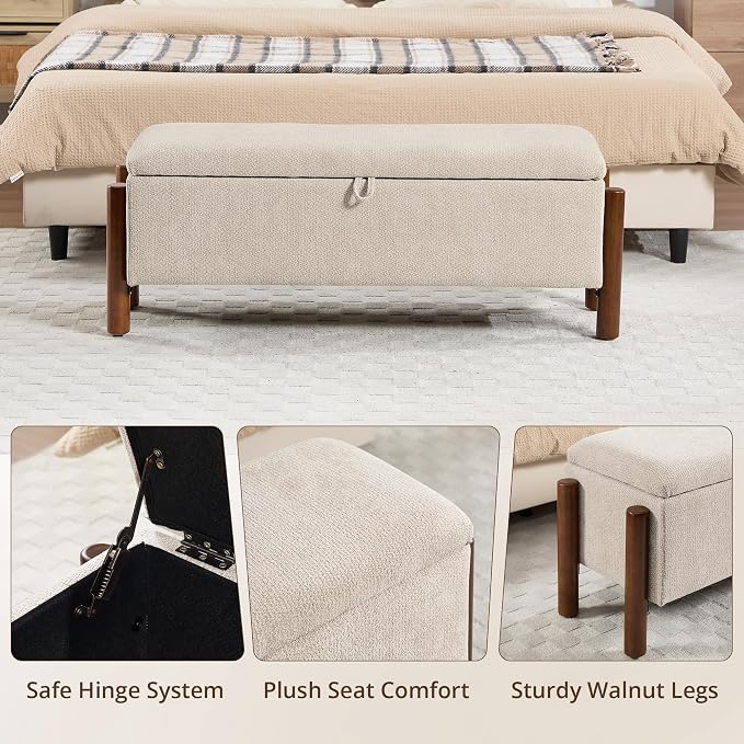 55'' Modern Storage Ottoman Benches | Walnut Wood Legs 26 Gallons Storage Space Fabric Upholstered Seating End of Bed for Bedroom Livingroom Beige