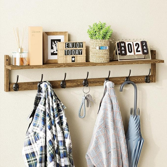 BAMEOS 35" L Wooden Coat Rack Wall Mount, Large Wall Coat Hooks with Shelf, Wall Hanging Shelf with 7 Dual Metal Hooks for Entryway, Bathroom, Kitchen, Living Room, Bedroom