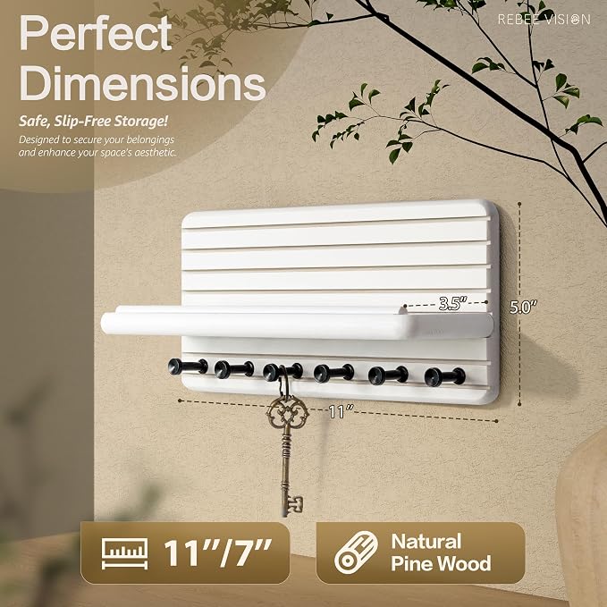 Rebee Vision Pine Key Holder Wall Mount with 6 Hooks for Room Decor, White | Pine Wood, 6 Key Hooks, Key Holder for Wall, Floating Shelf, Mail Organizer, Apartment Essential for Home Improvement