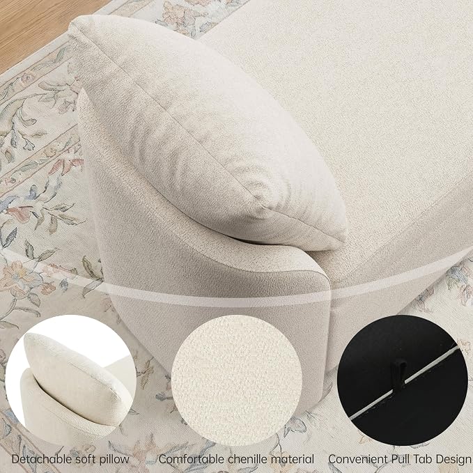 Usaint 58.3" Upholstered Storage Ottoman Bench with 2 Throw Pillows, Beige | End of Bed Bench with Curved Arms and Thickened Seat Cushion for Bedroom, Livingroom, Window, Entryway and Dressing Areas