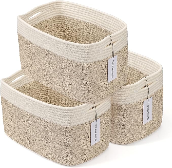 XUANGUO Woven Cotton Rope Storage Baskets 15x10x9.3" 3 Pack White and Brown | Decorative rectangular storage baskets for shelves and closets; storage bins organize clothes, toys, books and nursery items.