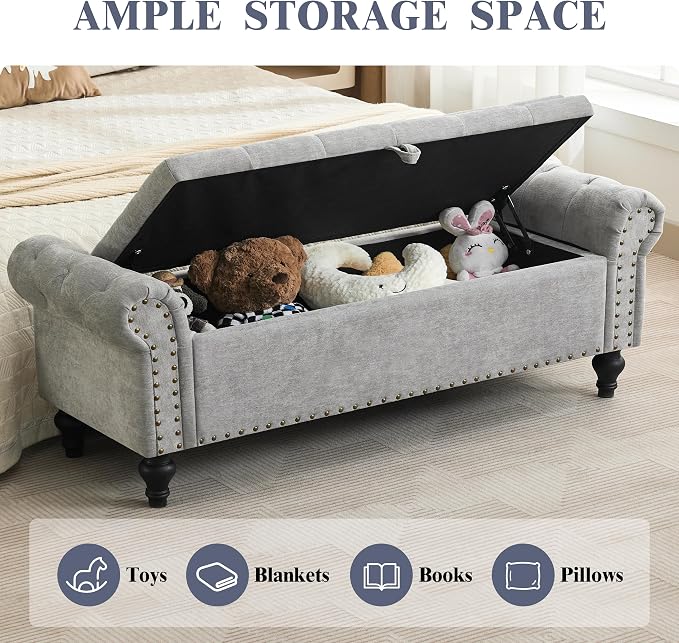 55" Storage Bench for Bedroom, Upholstered Ottoman Bench Chenille LightGray | End of Bed Bench for Bedroom, Window Benches for Living Room, Entryway, Ottoman with Large Storage Space, Pet Friendly