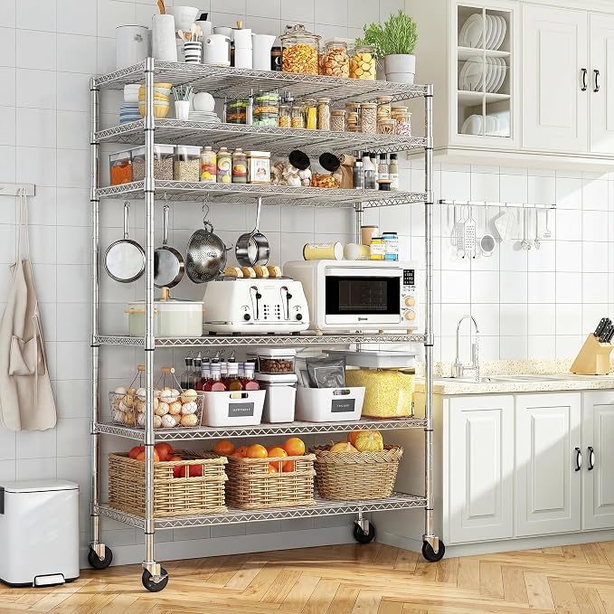 Romorgniz 6-Tier Rolling Storage Shelves with Locking Wheels, Garage Chrome | Heavy duty 6-tier wire shelving unit, 1200lbs capacity, Adjustable shelves, Rust-proof chrome, For pantry, kitchen, basement
