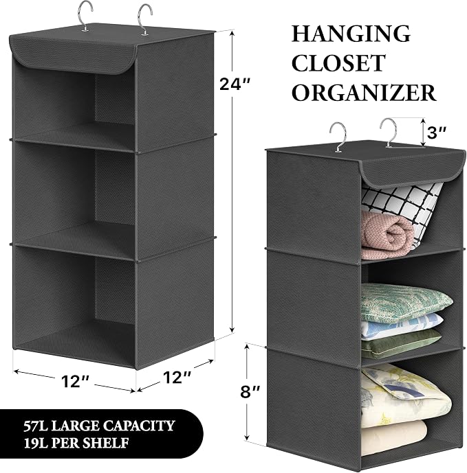 Simple Houseware 3 Shelf Hanging Closet Organizer, Dark Gray | 360° Rotating Dual Hooks, Top Support Metal Frame