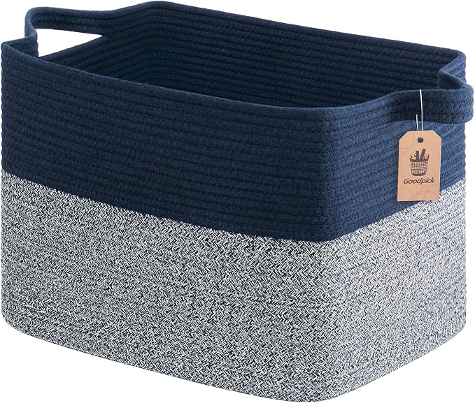 Goodpick 50L Large Cotton Rope Storage Basket, 18" x 14" x 12", Blue | Blankets, Pillows & Toys Storage, Decorative Rectangle Basket, Living Room & Bedroom Organization, Built-In Handles