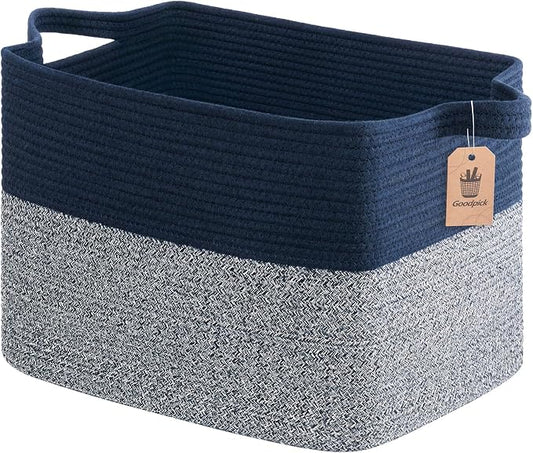Goodpick 50L Large Cotton Rope Storage Basket, 18" x 14" x 12", Blue | Blankets, Pillows & Toys Storage, Decorative Rectangle Basket, Living Room & Bedroom Organization, Built-In Handles