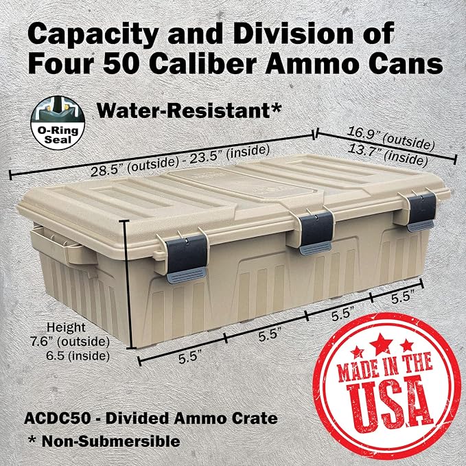 MTM ACDC50, Divided Ammo Crate Utility Box, Water Resistant, Ammo Storage Box, Lockable Storage Keeping Ammo Safe, Survival or Hunting Gear, Made in USA, Dark Earth