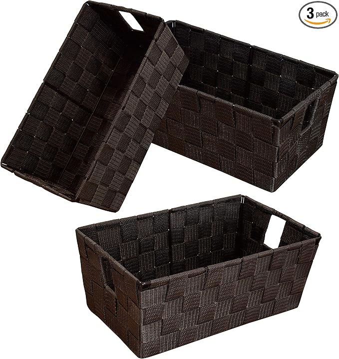 homyfort Woven Shelf Storage Tote Basket Bins Container, Storage Boxes Cube Organizer with Built-in Handles for Bedroom, Office, Closet, Clothes, Kids Room, Nursery 3pack(Brown)