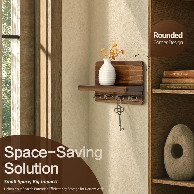 Rebee Vision Acacia Wood Key Holder Wall Mount with Shelf, Key Hooks, Brown | Small Key Holder, 4 Key Hooks, Floating Shelf, Mail Organizer, Compact Storage, Practical Daily Use, Apartment Essential