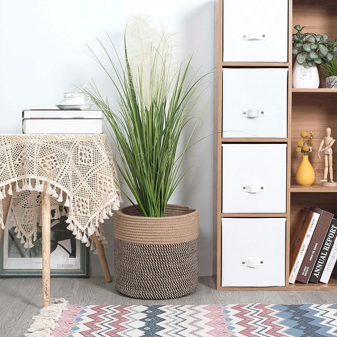 11 x 11 Inches Cotton Rope Basket for Flower Pot and Indoor Floor Planters, Decorative Round Woven Plant Pot Basket, Planter Covers, Small Dog Toy Storage Baskets, Black