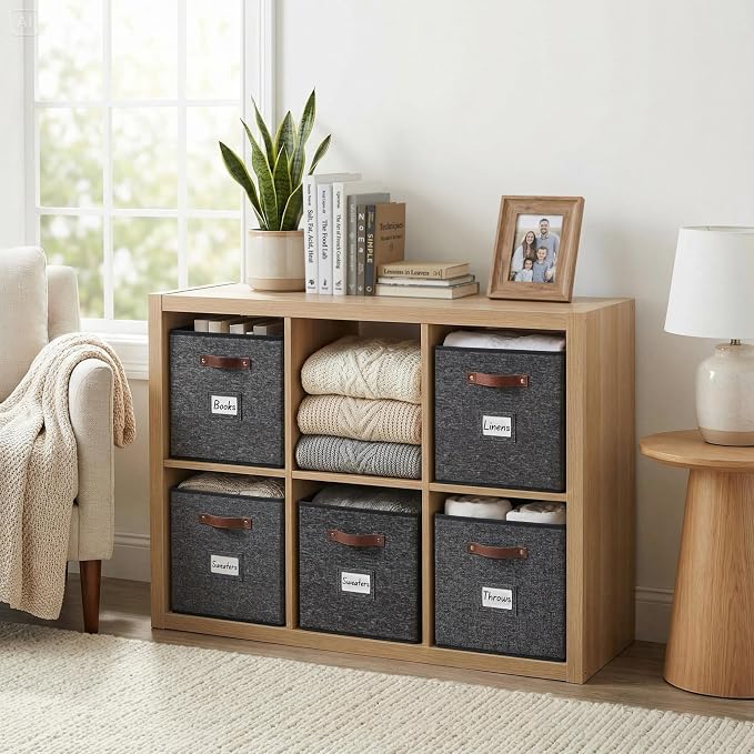 DECOMOMO Storage Bins, Cube Storage Bin with Labels | 10.5" x 11" Fabric Storage Cubes for Shelves (6pcs, Black Pattern)