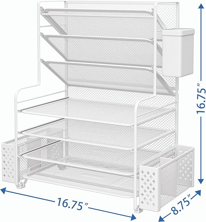 Simple Trending 7 Tier Desk File Organizer, Letter Tray Paper Organizer with Pen Holder and Metal Hanging Basket, White