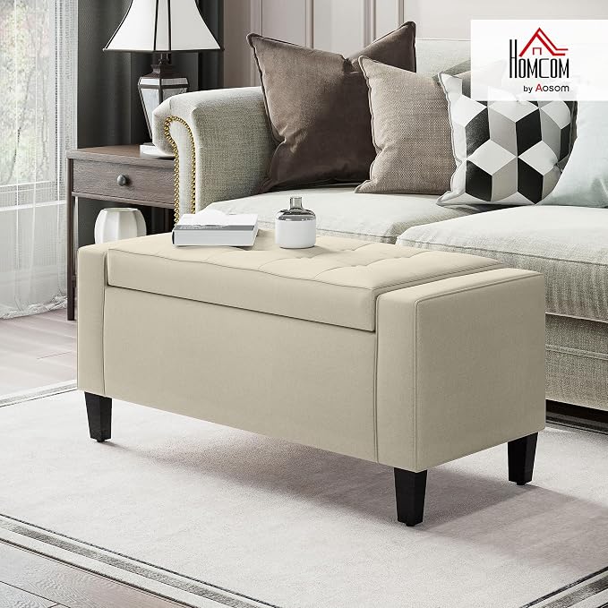 HOMCOM 36" Ottoman with Storage, Lift Top Rubberwood Legs 330 lb Beige | Storage Ottoman Bench, Linen Upholstered Entryway Seat, Living Room, Bedroom