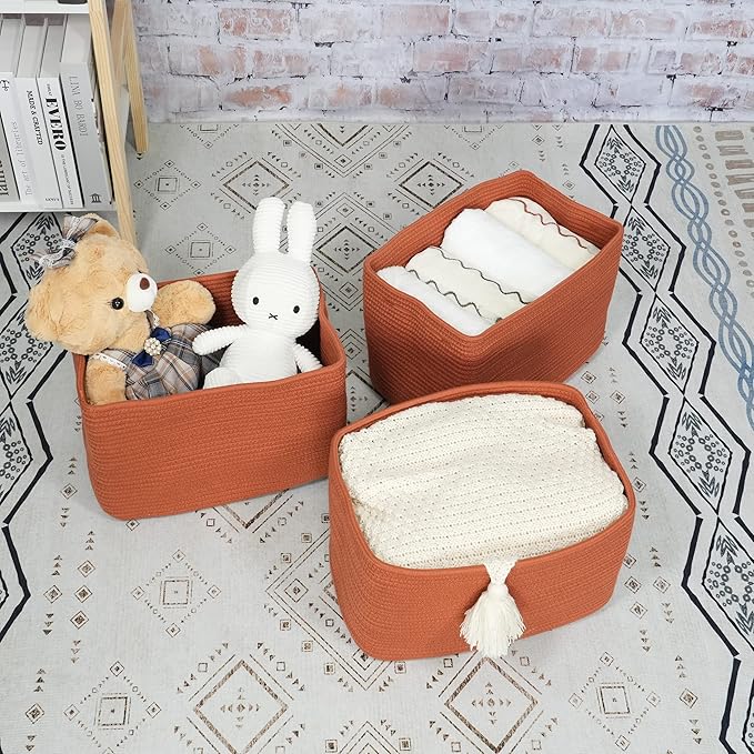 XUANGUO Woven Cotton Rope Storage Baskets 15x10x9.3" 3 Pack Rust | Decorative rectangular baskets for shelves and closets; storage bins help organize clothes, toys, books and nursery items.