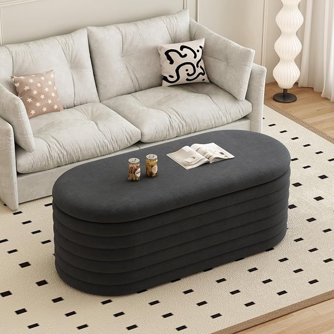 Storage Ottoman Bench 40 inch Upholstered Chenille Fabric Storage Bench for Bedroom End of Bed Stool Aesthetic Large Storag Ottoman for Living Room Entryway,Black