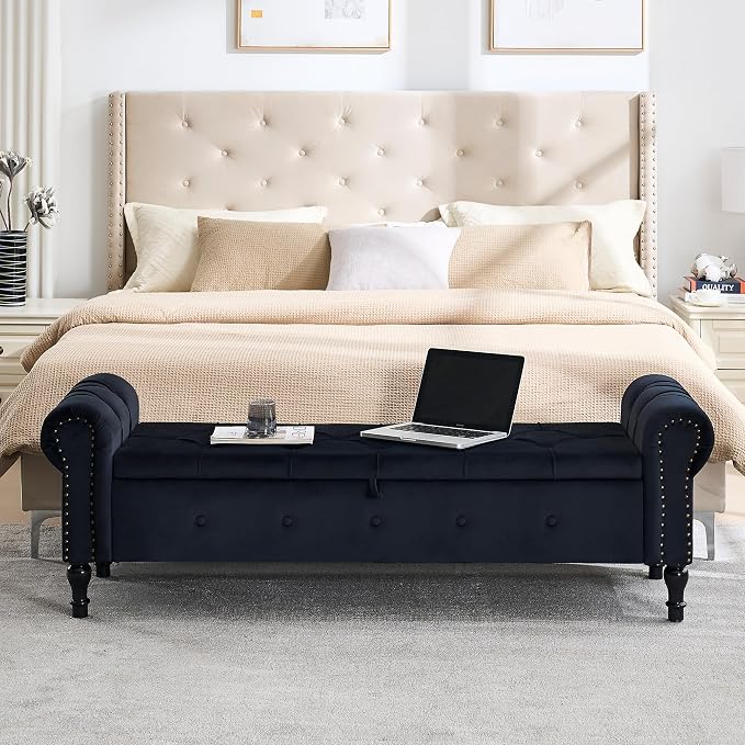 Storage Bench 67" Velvet End of Bed Benches Black | King Size Storage Bench for Bedroom with Rolled Arms Tufted Ottoman Benches Upholstered Bench for Living Room Entryway