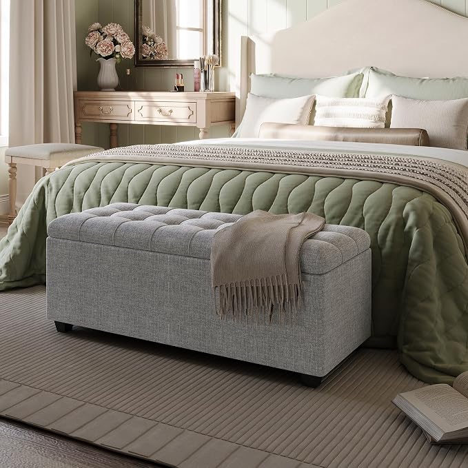 38" Grey Fabric Storage Ottoman Bench with Hinged Lid | Solid wood frame bench, 4-leg easy assembly. Use as end-of-bed, footrest, entryway seat. Hinged hidden storage, multi-use.