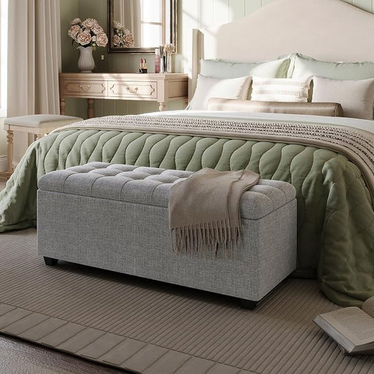 38" Grey Fabric Storage Ottoman Bench with Hinged Lid | Solid wood frame bench, 4-leg easy assembly. Use as end-of-bed, footrest, entryway seat. Hinged hidden storage, multi-use.