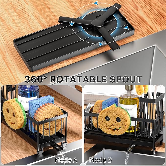 Cisily Sponge Holder for Kitchen Sink, Sink Caddy Organizer with High Brush Holder, Kitchen Countertop Organizers and Storage Essentials, Rustproof 304 Stainless Steel (Black with Smiley Face, 9.25″)
