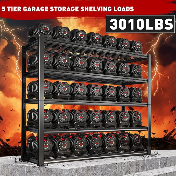 REIBII 48.2" W Storage Shelves for Garage, Adjustable Garage Shelving | 48.2" W x 24.5" D x 72" H, 5 Tier Metal Shelving, 3010LBS Load Capacity, Rust-Resistant Coating, 10-Minute Assembly