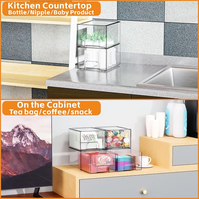 4 Pack Clear Stackable Storage Drawers,4.4'' Tall Acrylic Drawer Containers for Organizing,Bathroom Organizers and Storage Bin Box,Plastic Makeup,Medicine Organizer Bins for Cabinet,Undersink
