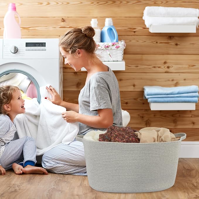 XUANGUO Large Rectangle Woven Cotton Rope Blanket Basket 22"x17"x12" Gray | Storage basket for nursery and living room; toy basket for kids, dog toy storage, or laundry basket for clothes and towels.