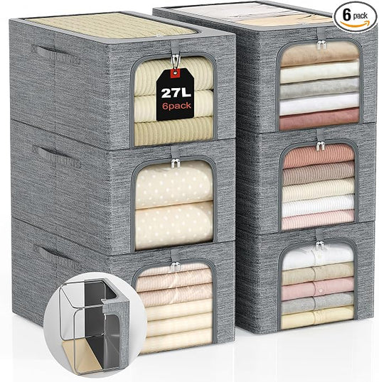 GoMaihe Baby Clothes Storage Bins with Metal Frame 27L 6-Pack Grey | Kids Toddler Child Clothing & Towels Small Items, Closet Top Shelf Boxes, Collapse-Proof Stackable, Clear Window Dual Access
