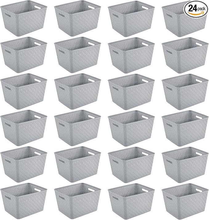 Sterilite 24 Pack Plastic Storage Bin Organization Containers, Tall Baskets, Cement
