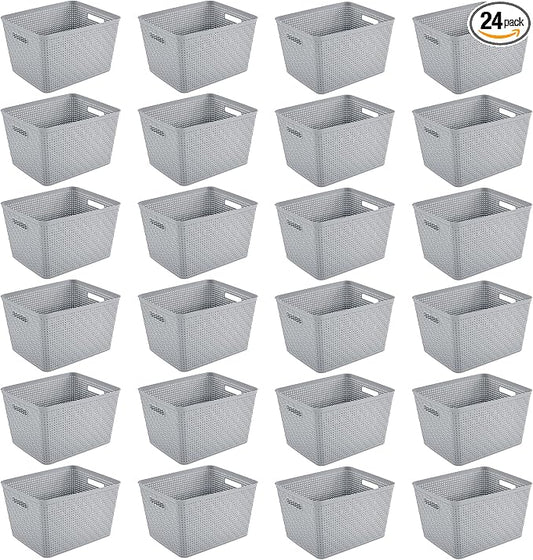 Sterilite 24 Pack Plastic Storage Bin Organization Containers, Tall Baskets, Cement