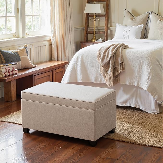 Adeco 31 Inches Storage Ottoman Bench, Non-Folding End of Bed Foot Rest Stools Ottoman with Thicker Foam Padded Seat, Upholstered Storage Chest for Living Room, Entryway, Bedroom