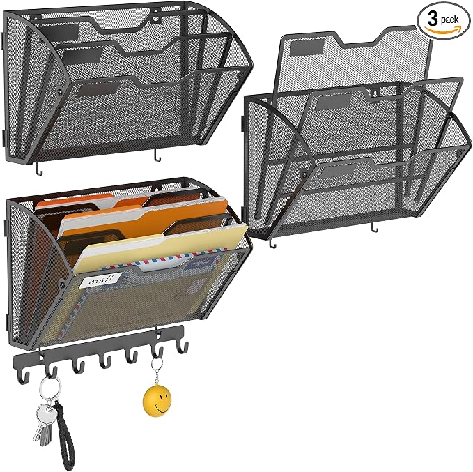 Docnest 3 Pack 3 Tier Mesh Wall File Holders with Hooks for Mail, Black | Space-saving vertical design with utility hooks. Ideal paper document organizer for office, home, and school