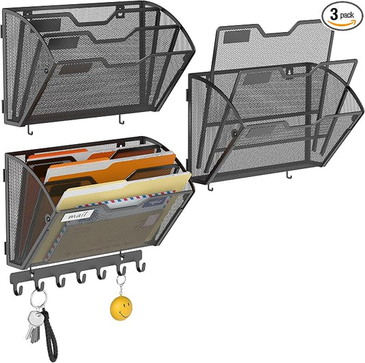 Docnest 3 Pack 3 Tier Mesh Wall File Holders with Hooks for Mail, Black | Space-saving vertical design with utility hooks. Ideal paper document organizer for office, home, and school